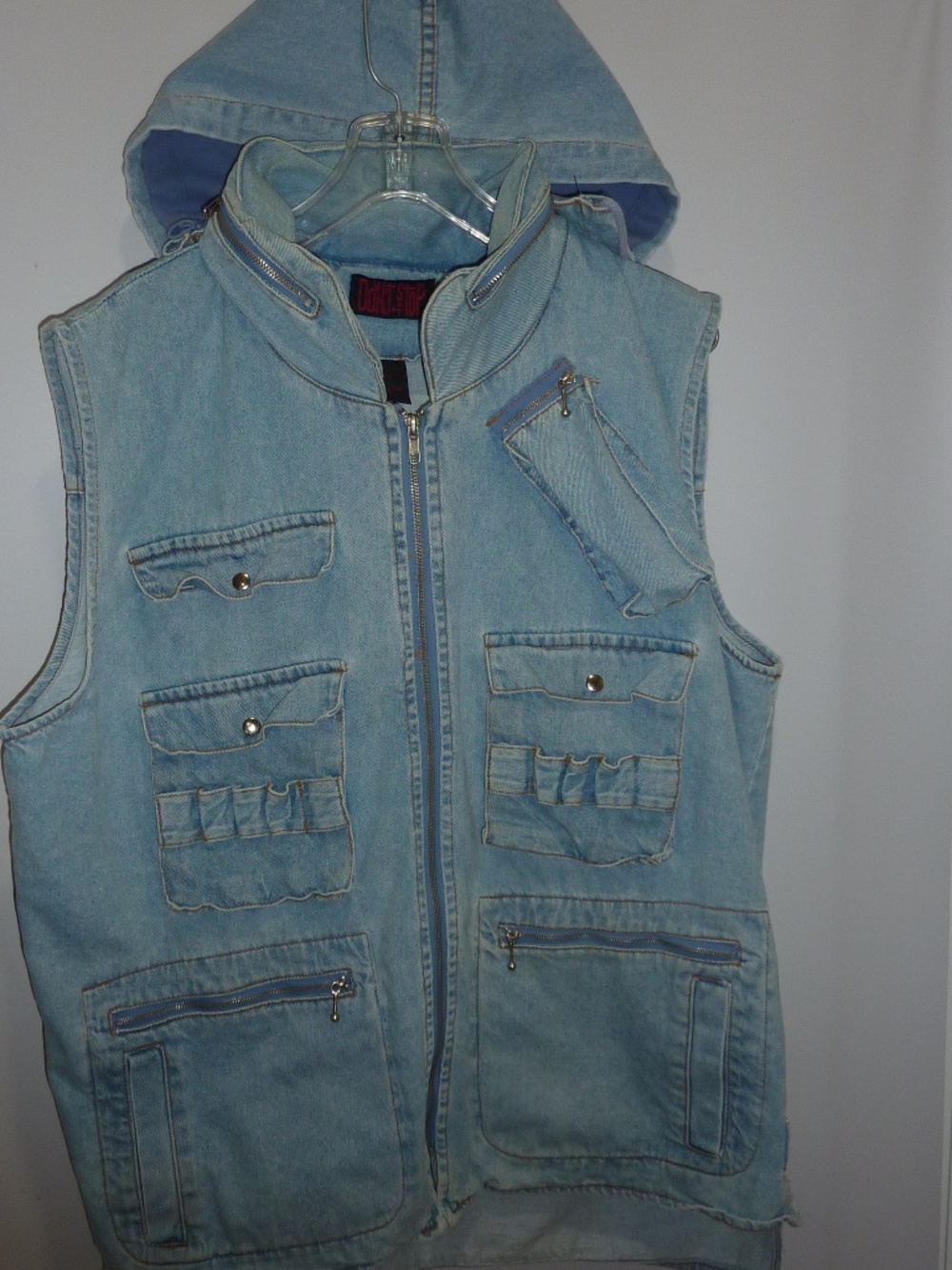 VTG 80’s/90’s Don't Stop Denim VEST MENS L FRNT ZIP HOODIE MULTIPOCKET HONG KONG